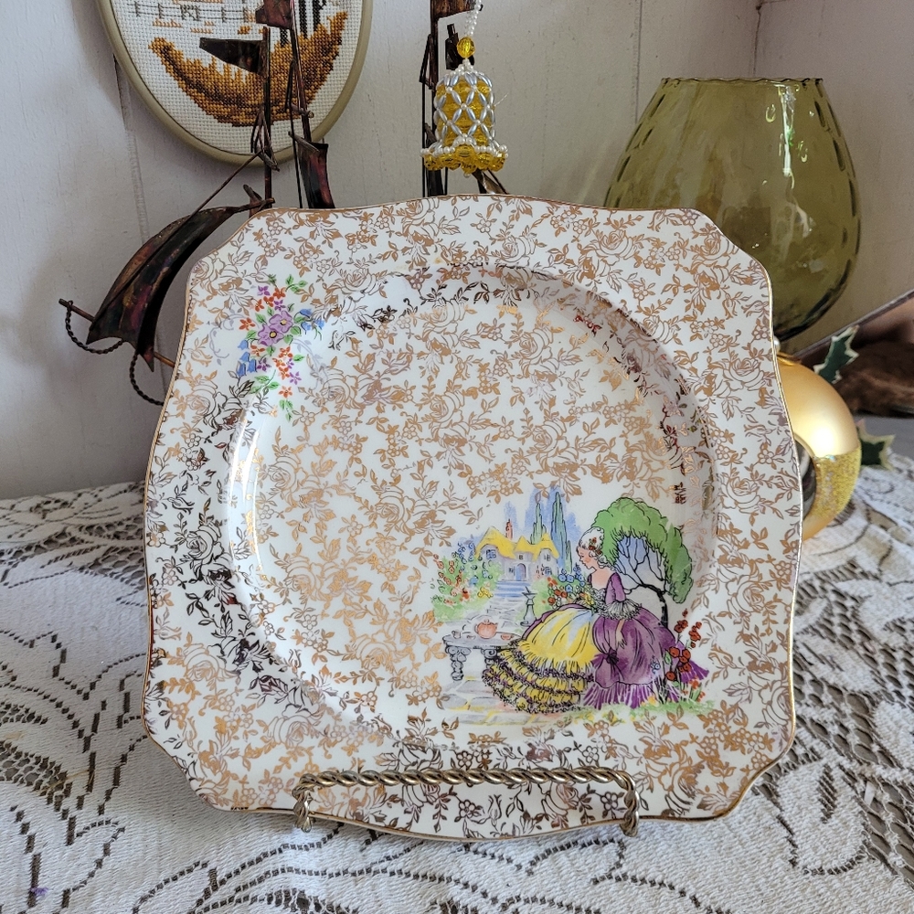 Vintage Crinoline Lady Gold Chinz Scalloped Edge Square Plate England